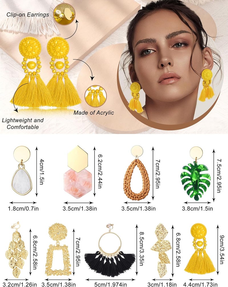 JeryWe 9 Pairs Clip on Earrings for Women Fashion Rattan Acrylic Tassel Drop Dangle Earrings Set Lightweight Geometric Statement Bohemian Clip Earrings for Non Piercied - Image 2